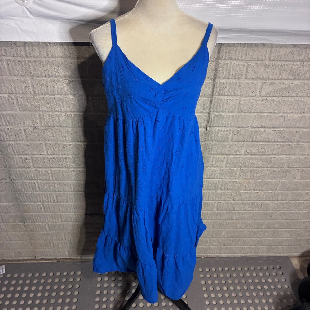 Ophelia Roe Blue Eyelet Tiered Midi‎ Dress Womens Large Cotton Smocked Back